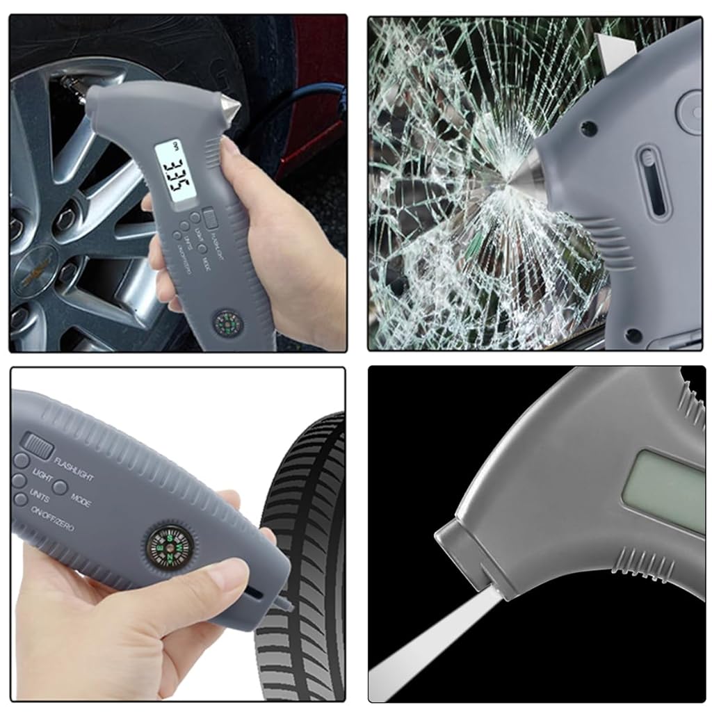 STHIRA Digital Tyre Air Pressure Guage Tread Depth Gauge 8 in 1 Tyre Air Pressure Guage LCD Backlight Multifunctional Tyre Air Pressure Guage with Safety Hammer, Belt Cutter, Battery Operated