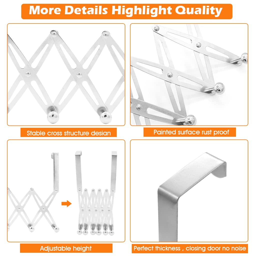ZIBUYU Door Hook Hanger Stainless Steel Back Over Door Hanger for Clothes Rustproof Nail & Drill Free Multi-Purpose Hanger Door Hook with 6 Hooks Space Saving Foldable Door Hanger