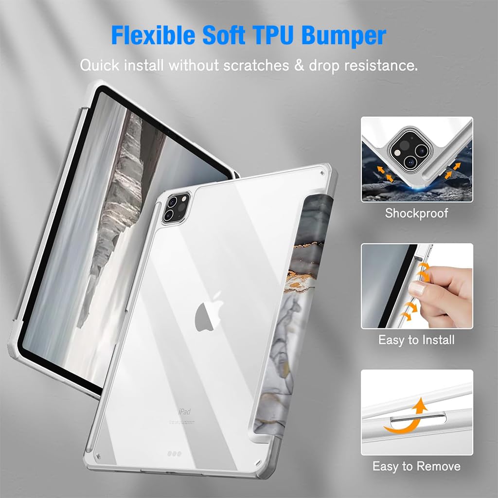 ZORBES Tablet Case for iPad Pro 13inch 2024 Fashion Marble Pattern Transparent iPad Case Cover with Pen Holder, Acrylic Hard Shell Protector Case Cover for iPad Pro 13inch (M4) 2024 A2925, A2926