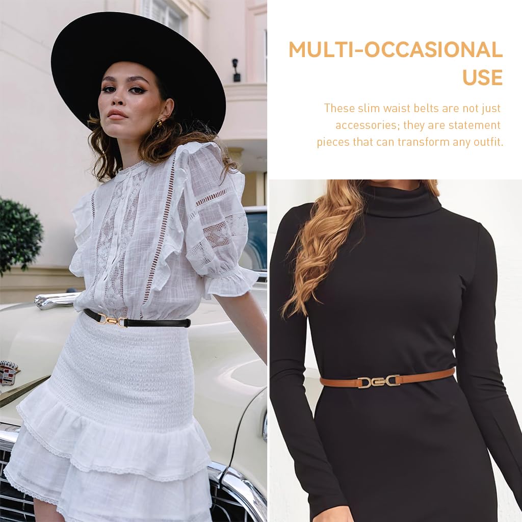 PALAY 2Pcs Waist Belt for Women Belts for Dress Fashion Slim Dress Belts for Women PU Leather Ladies Waistband with Metal Buckle Closure for Shirt Blouse Blazer (Black & Brown)