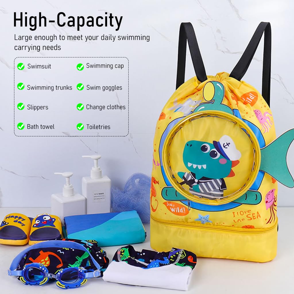 PALAY Swimming Bag for Kids Cartoonish Print Shoulder Bag for Kids Large Capacity Backpack for Girls Boys Wet Dry Separation Drawstring Bag Beach Bag for Clothes, Swimming Goggles, Shoes, Yellow
