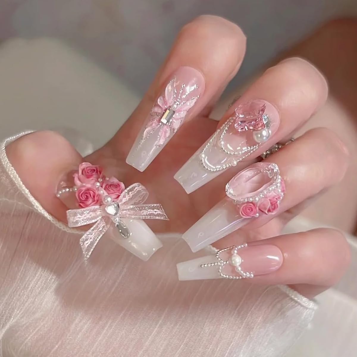 MAYCREATE Bow Nail Charms Set, 3D Bow Nail Charms Multi Shape Nail Decoration Flatback Pearl Beads Flower Charms Nail Accessories for Nail Art, Craft and Decoration