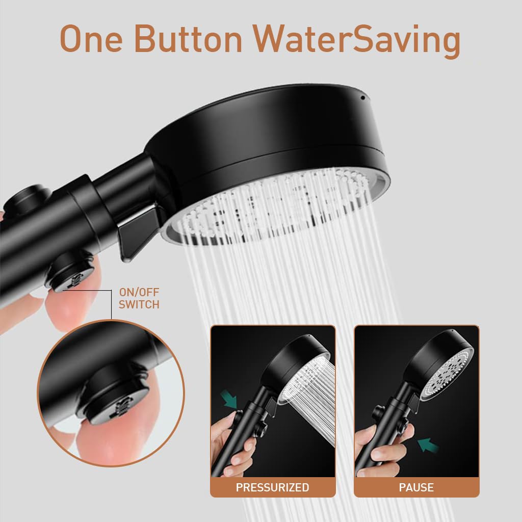 HASTHIP Hand Shower for Bathroom, Advanced Turbo Pressurized Shower Head with 8 Bathing Modes, Home Bath Shower Nozzle Water Heater Filter Shower with 1.4m Zinc Steel Hose and Shower Stand