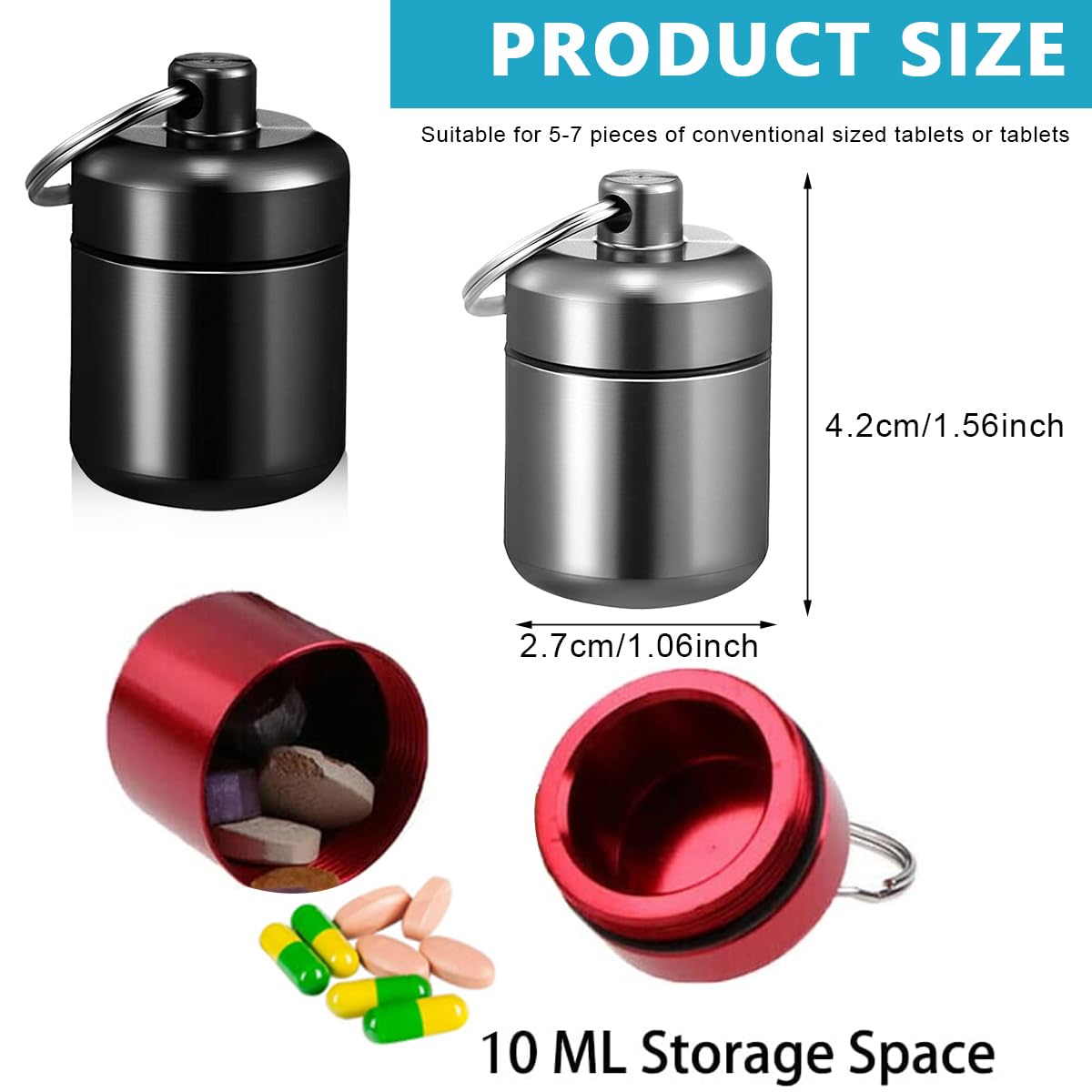 HANNEA 3PCS Mini Aluminum Keychain Medication Pill Box, Waterproof Mini Metal Pill Holder Medicine Bottle for Outdoor, Travel, Camping, Style A