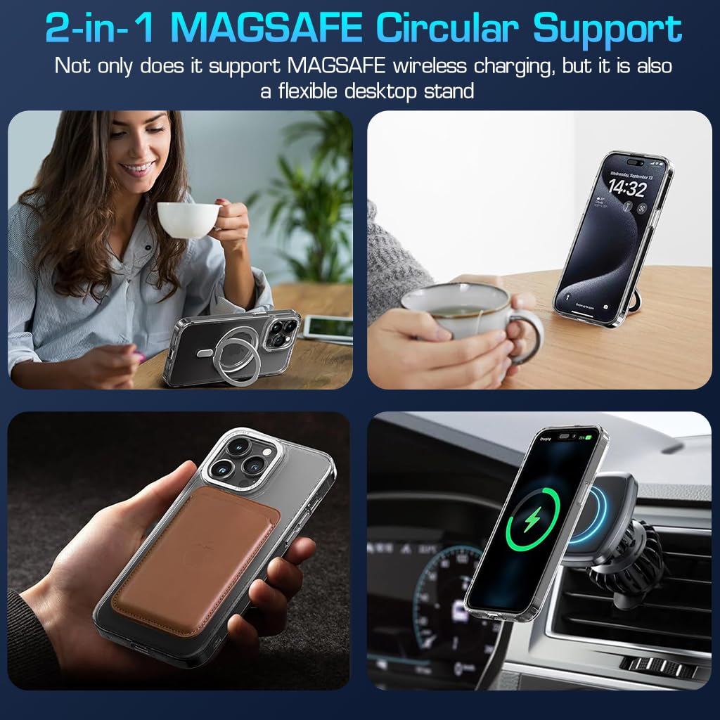 ZORBES Phone Case for iPhone 15 Pro Max Phone Cover with 360° Rotatable MagSafe Ring Holder Support Wireless Charging Fashion Trasparent Protective Case for iPhone 15 Pro Max 6.7''