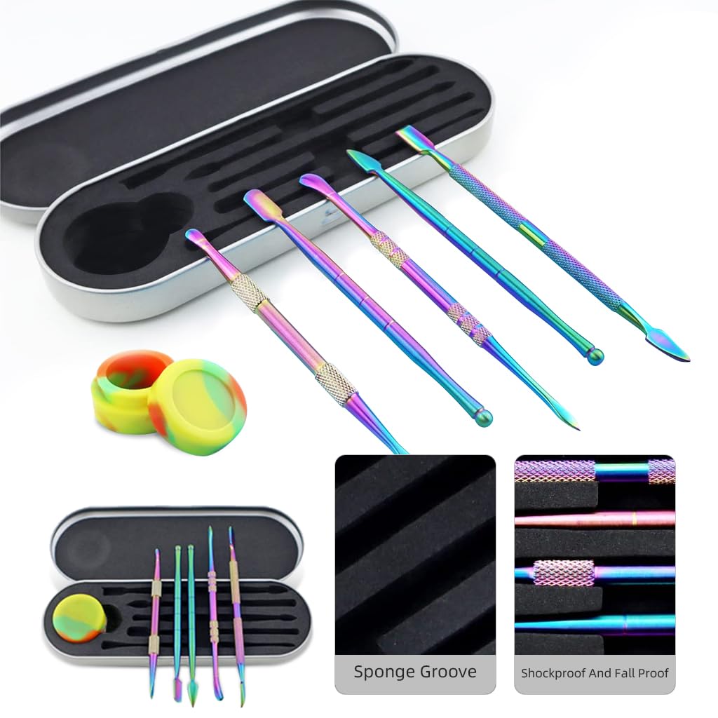 HASTHIP 6 Pcs Wax Carving Tool Set with Silicone Container and Portable Metal Case, Double-Ended Carving Tool Rainbow Stainless Steel Wax Sculpting Tools for Wood, Wax, Clay, Pottery