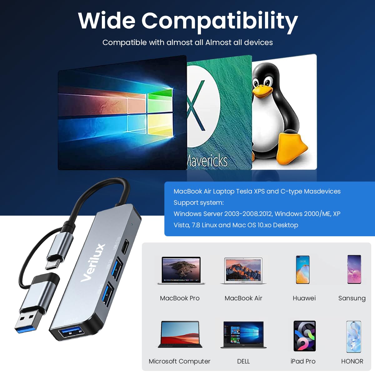 Verilux USB Hub 3.0 for PC Type C Hub 4 in 1 High Speed 3.0+2.0 Multi USB Port for Laptop & Type-C 2.0 Port 5Gbs Transfer Speed USB Extender Multiple USB Connector for MacBook Air/Pro M1/M2, iPad Pro