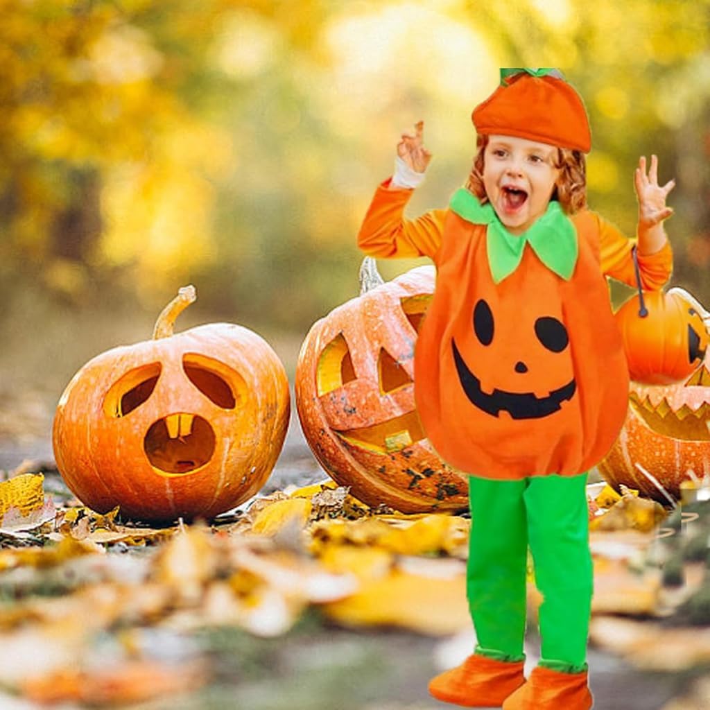 PATPAT Toddler Pumpkin Halloween Cosume for Aged 4-5 Years Olds Boys and Girls Trick or Treat Halloween Cosume Cute Pumpkin Cosume with Hat and Shoes Halloween Party Cosume