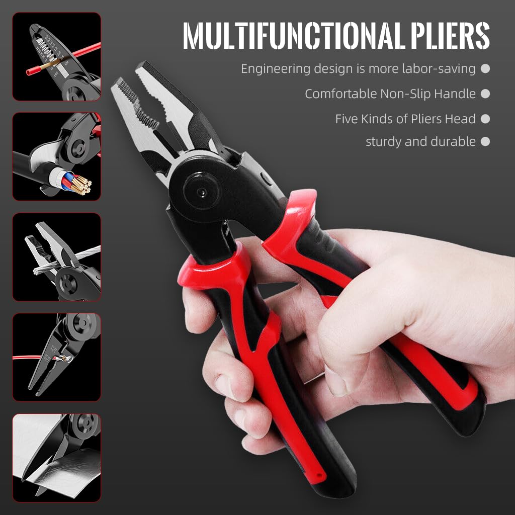 HASTHIP 5-In-1 Multifunctional Wire Stripper, Combination Interchangeable Pliers Kit, Wire Stripper, Wire Crimping Tool, Linesman Pliers, Cable Cutter, Electricians Scissor with Storage Case