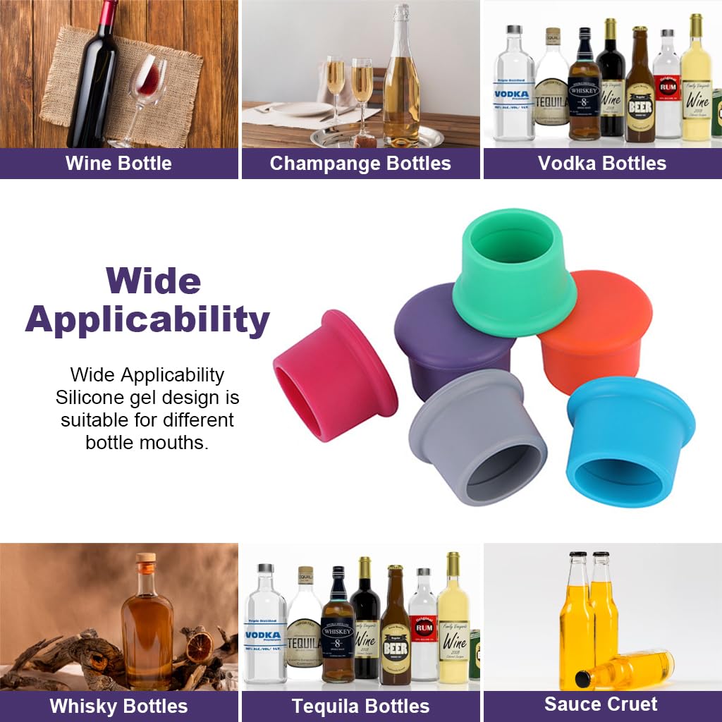 HASTHIP 6Pcs Silicone Wine Stoppers Reusable Beer Bottle Cover Wine Bottle Stopper Wine Saver Reusable Silicone Wine Bottle Soft Drink Bottle Cap Food-Grade Silicone Cap to Keep Wine Fresh