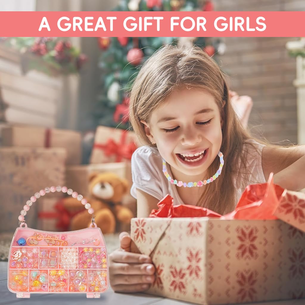 PATPAT 211 Jewelry Making Kit Gifts for Kids,Pink Handbag Bead Box for Bracelet Making Kit for Girls,6-Year-Old Girl Birthday