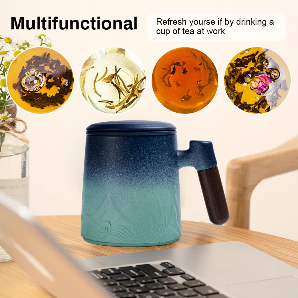 Supvox Tea Cup Ceramics Tea Cup with Separate Ceramics Tea Infuser Ceramics Gradient Blue Tea Mug Carving Mug Wall Design with Wooden Handle Ceramics Tea Mug with Gift Packing Ideal Gift