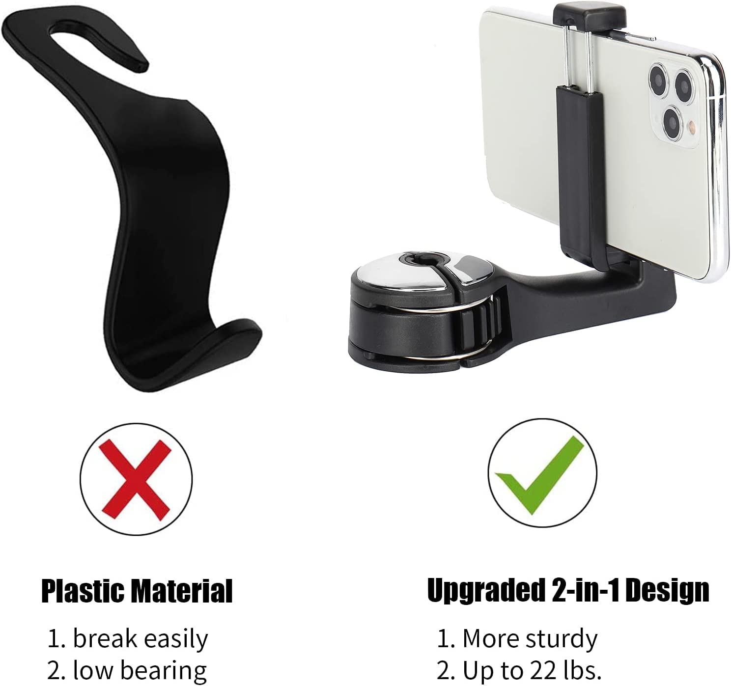 ZIBUYU Car Hooks for Hanging 2 in 1 Car Seat Hook with Phone Holder Under Backseat Headrest Hooks for Car Quick Snap Installation Phone Holder Car Hooks Back Seat, 6.5 inches Phones - 2 Pcs