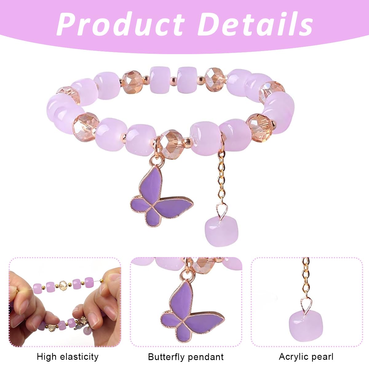 ZIBUYU Girls Beaded Bracelet Purple Butterfly Charm Beaded Bracelet Fashion Elastic Crystal Glass Beaded Bracelet Jewelry Gift Bracelet for Girls Women