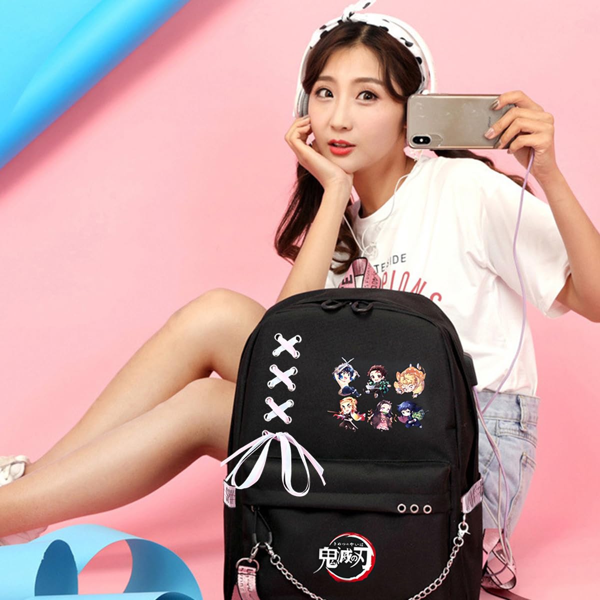 PALAY Demon Slayer Anime Backpack with USB Charging Port and Headphone Jack, Girls Large Travel Backpack 14 Inches Laptop Bag Cartoon Anime Print Backpack School Gift for Kids (Black)