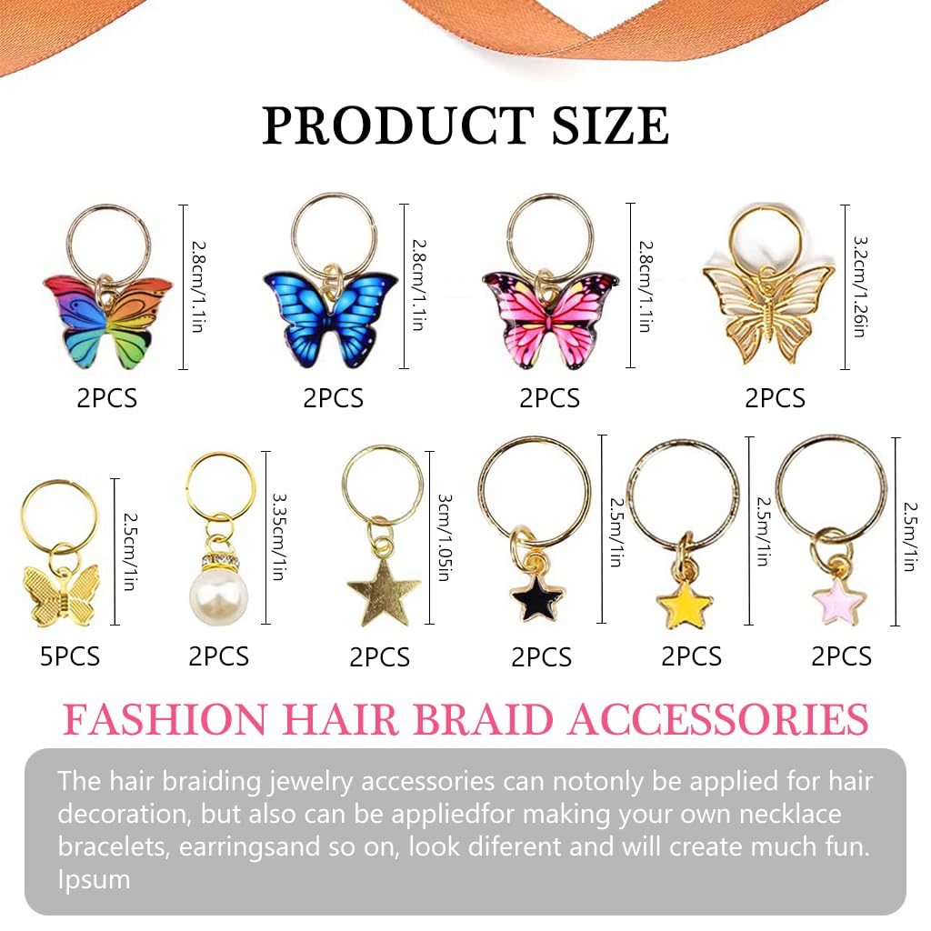 PALAY 20Pcs Butterfly Charms Hair Rings Butterfly Pendent Charms for Dreadlocks Girls Hair Accessories Butterfly Ring Charms Pearl Rings Charms for Braids Pendent Charms Hair Styling Accessories