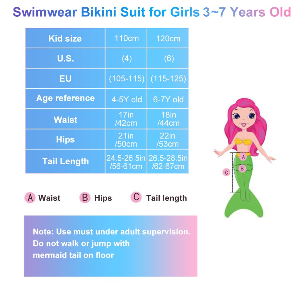 PALAY Swimming Suit Mermaid Tail Swimming Suit for Girls Swimming Top and Brief, Mermaid Tail Suit Set of 3 Swimwear Bikini Suit for Girls 6-7 Years Old