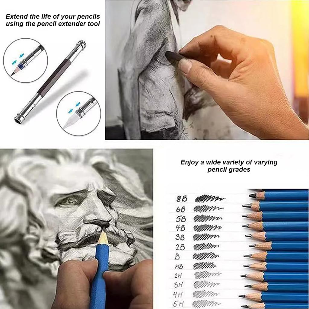 HASTHIP Sketching Kit - 51Pcs Professional Sketch & Drawing Tool Kit with Zipper Case, Graphite & Colour Pencils, Charcoal, Eraser, Sharpener, Christmas Gift for Artists, Students & Hobbyists