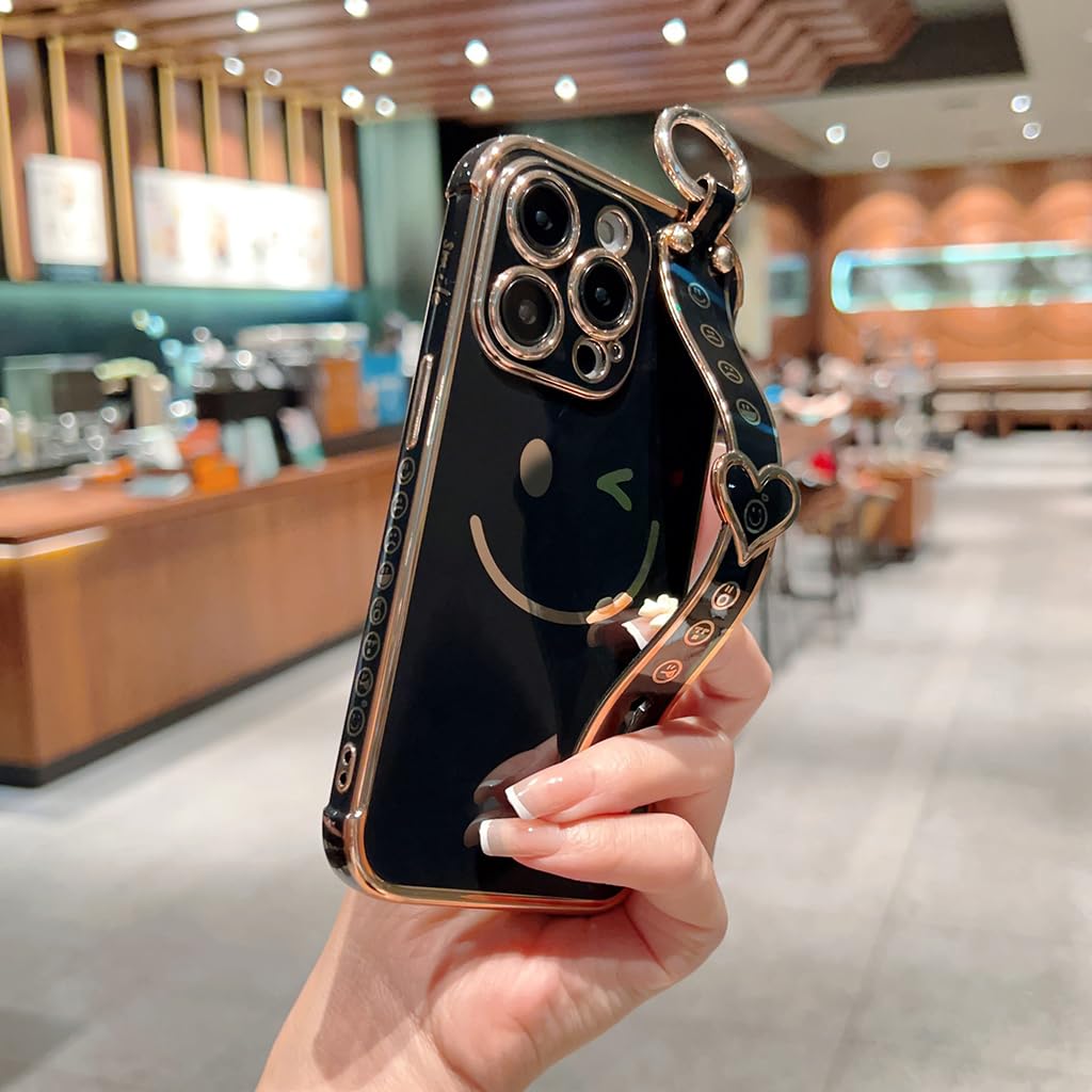 ZORBES Phone Case for iPhone 14 Pro Max Stylish Smile Face Phone Case with Hand Grip Strap & Metal Ring Golden Electroplating Frame TPU Phone Cover for iPhone 14 Pro Max 6.7 inch, Black