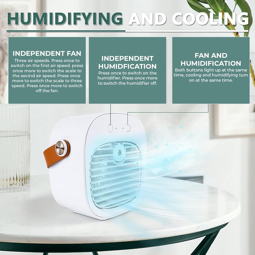 HASTHIP Mini Air Cooler with 128ml Water Tank, 4000mAh Portable Air Conditioner, Small Evaporative Coolers with Handle/Humidifier/ 3 Speeds Desktop Ice Cube Cooling Fan for Travel, Office and Bedroom