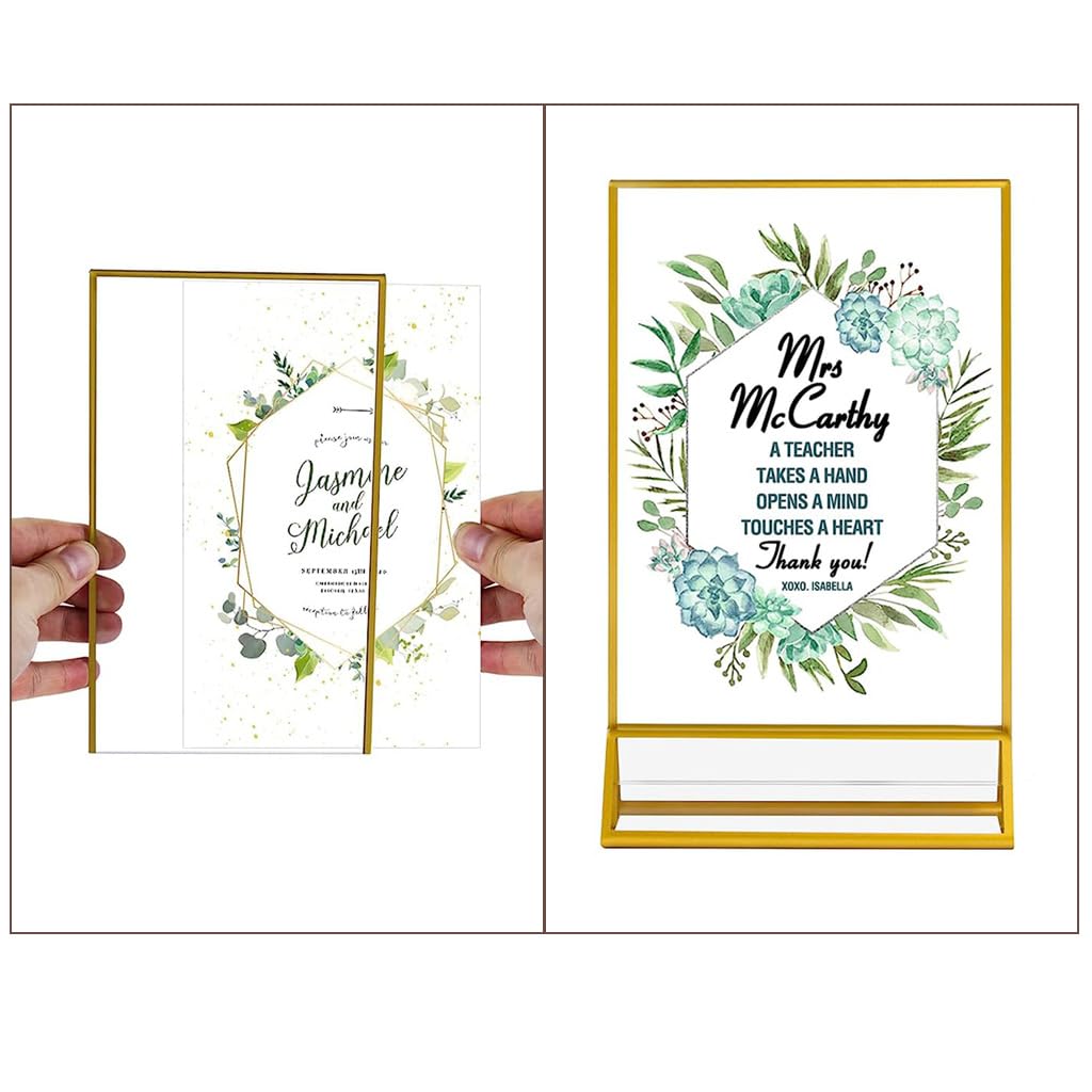 Climberty 6Pcs Acrylic Gold Sign Holders, 4x6 inch Clear Picture Frames with Gold Borders and Vertical Stand, Double Sided Table Menu Display Stand for Restaurant Signs, Wedding Table and Photos