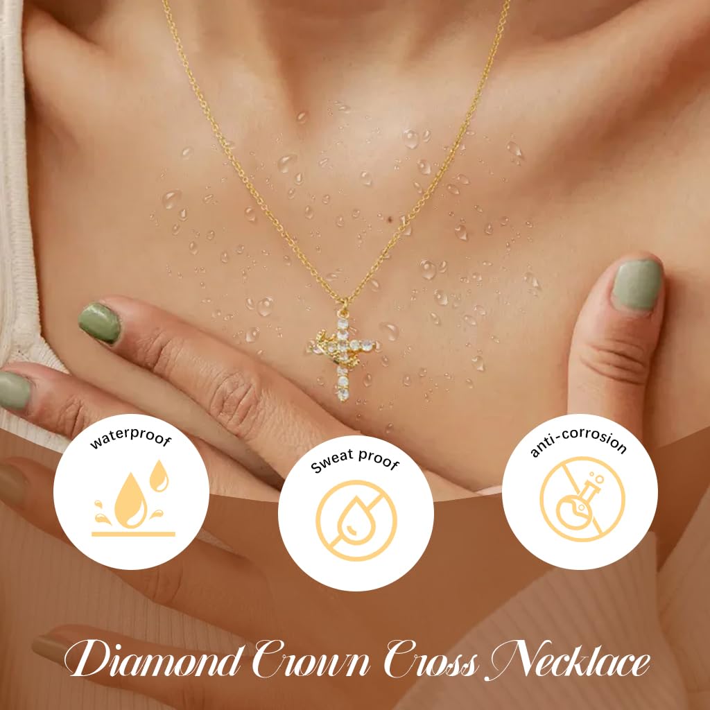 SANNIDHI Chic Cross Necklace Golden Stainless Steel Shining Cross Necklace Fashion Crown Rhinestone Cross Necklace Jewelry Gift for for Men Women