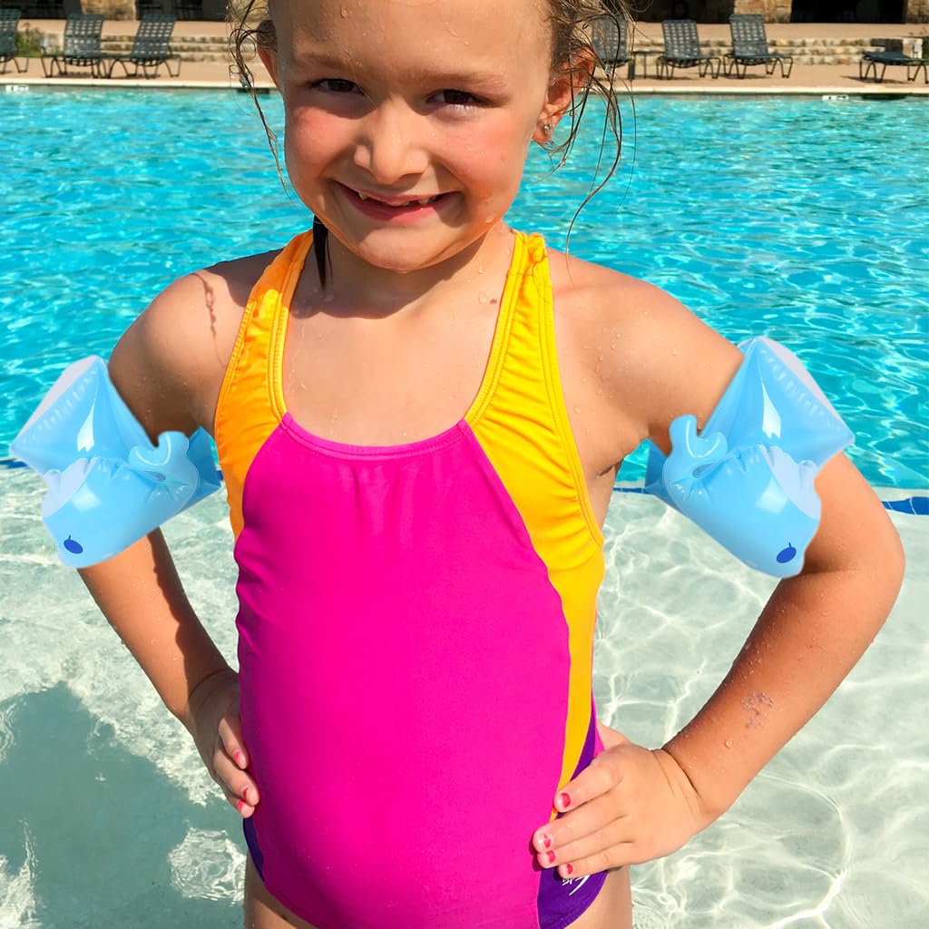 Proberos Inflatable Buoyancy Floats for Kids Cartoon Blue Whale Inflatable Swimming Guards Swimming Training Arm Float Kids Swimming Pool Float Arm Ring for Kids Aged 25-55lbs, One Pair