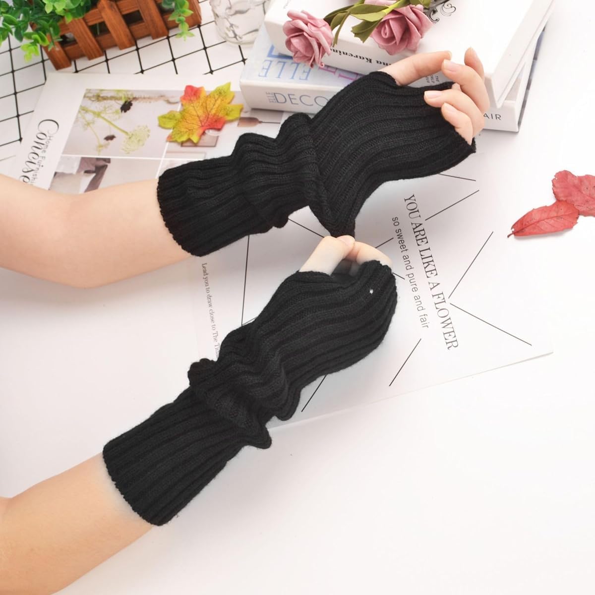 PALAY Arm Warmers for Women, Long Fingerless Gloves for Women, Winter Knitted Y2K Arm Sleeves Gloves for Teen Girls, Fashion Half Finger Hand Wrist Warmer for Daily, Party, Hip Hop (Black)