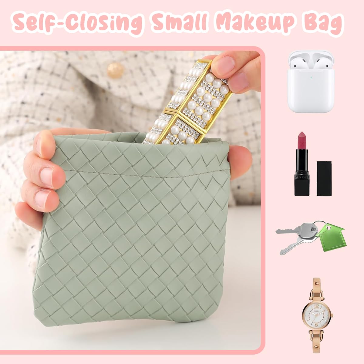 MAYCREATE Small Makeup Pouch 4Pcs Set, Small Pouches Makeup Bag PU Leather Mini Cosmetic Bag Weave Lipstick Makeup Pouches for Women Pocket Coin Purse Organizer