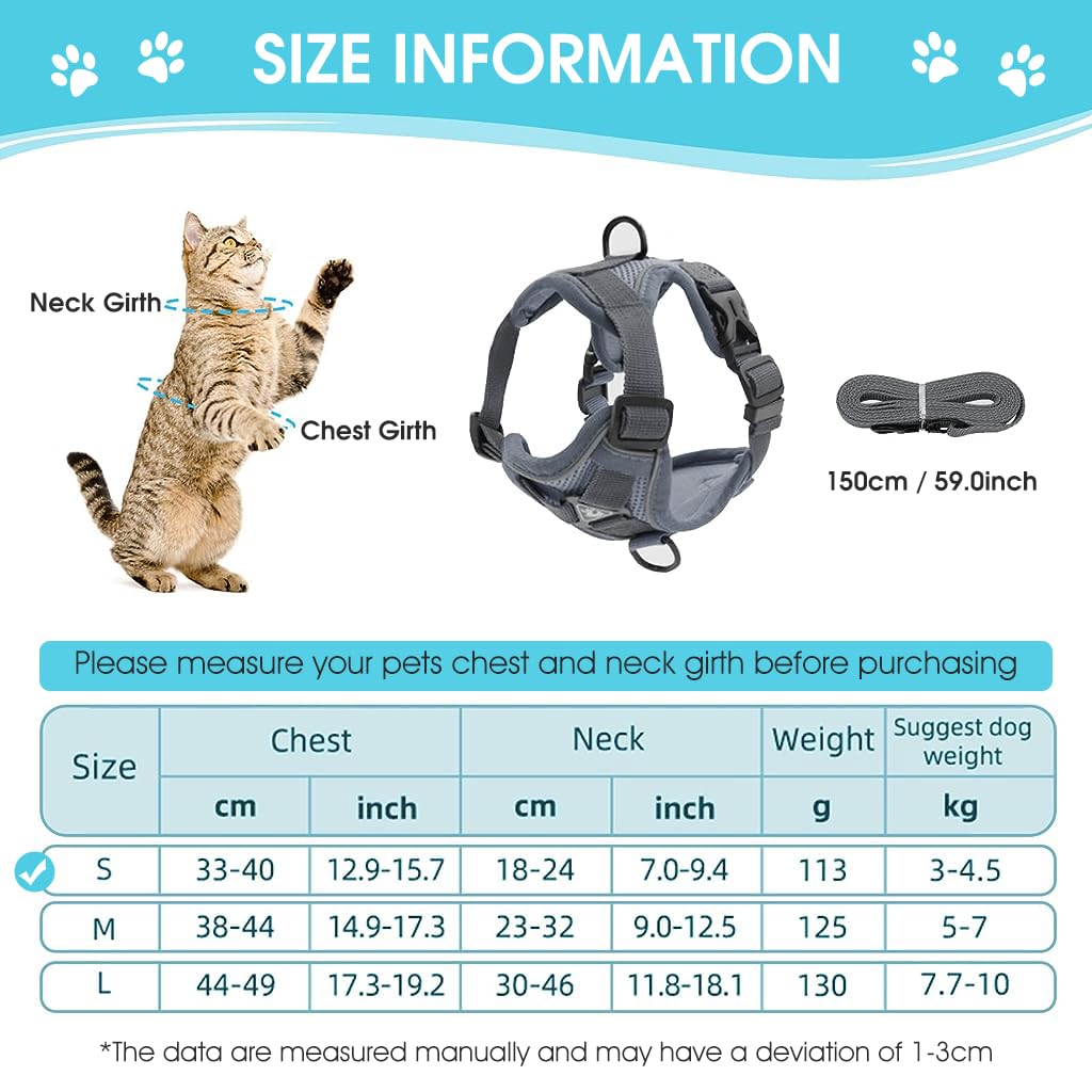 Qpets Cat Vest Harness with 1.5m Leash Adjustable Size Pet Vest Harness with Quick Release Buckle Breathable Fabric Cat Harness for Small Cat Puppy(M, Grey)