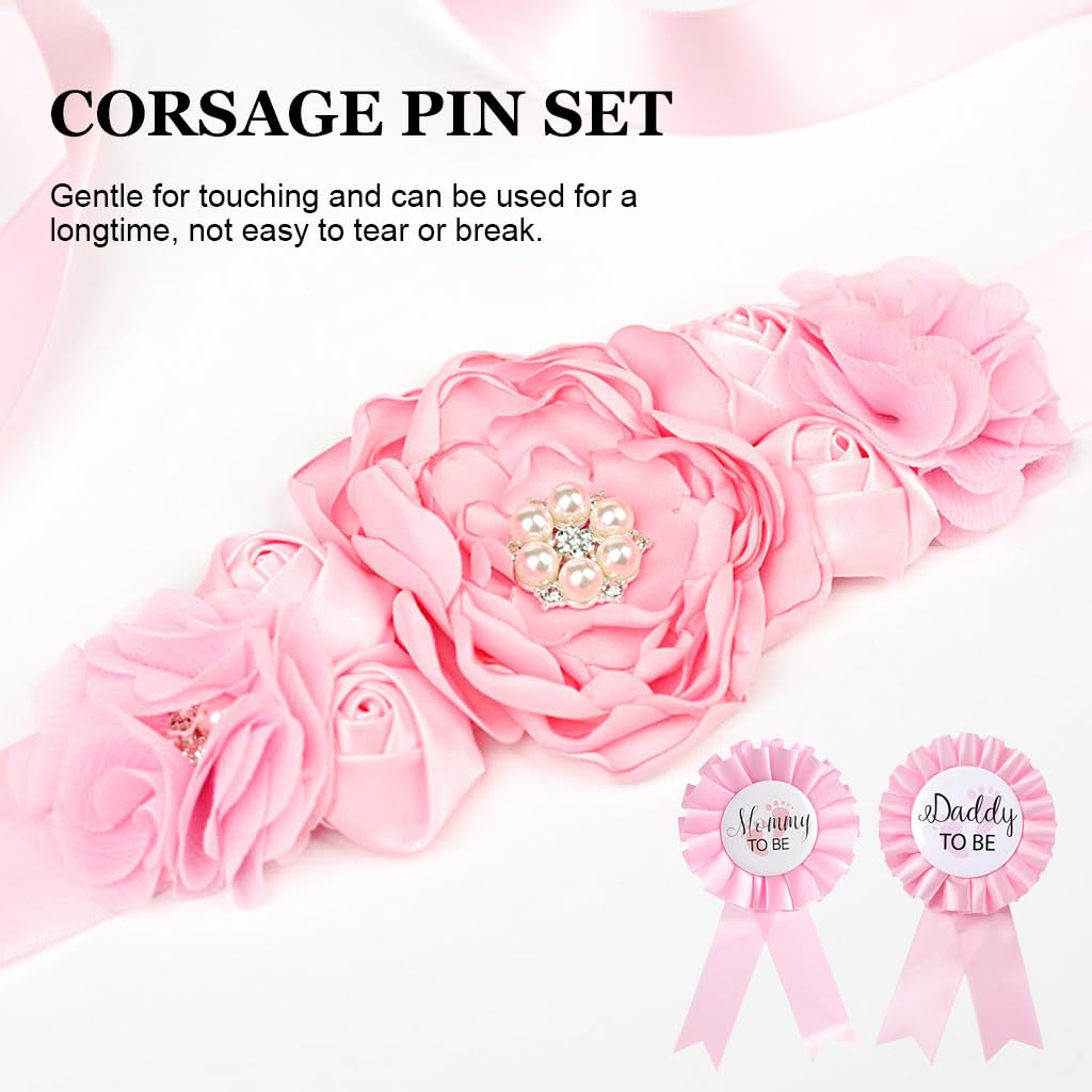 PALAY Mom to Be Decoration Items Set Mom to Be Flower Sash Set Maternity Shoot Props Baby Shower Daddy to Be Corsage Pin Flower Belt for Maternity Dress Mom to Be Props Supplies-Pink