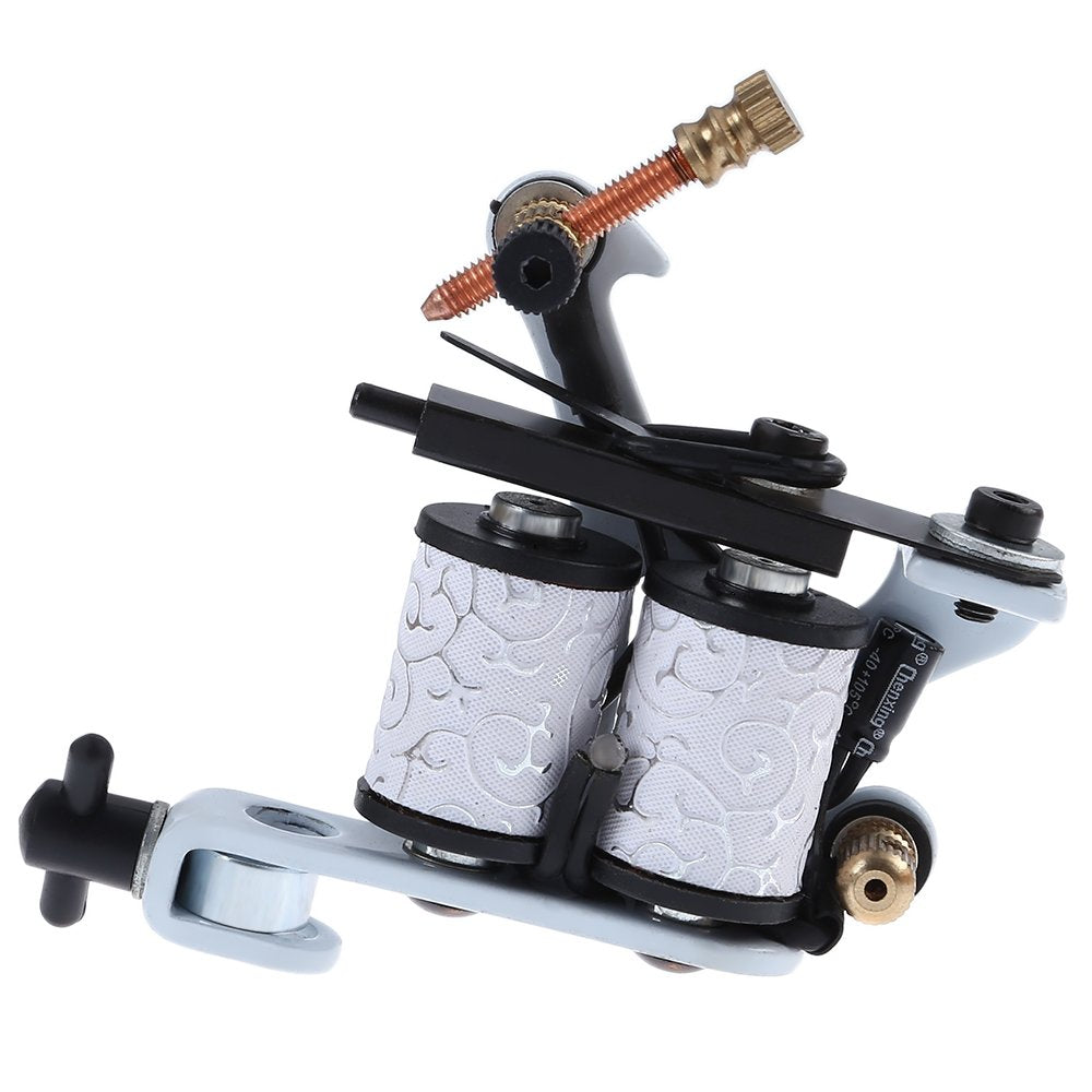 MAYCREATE Tattoo Machine Set for Beginner 2 Machine Gun Pigment Tips Power Supply Set 5 Needle(Silver and Black, 3 Pin EU Plug