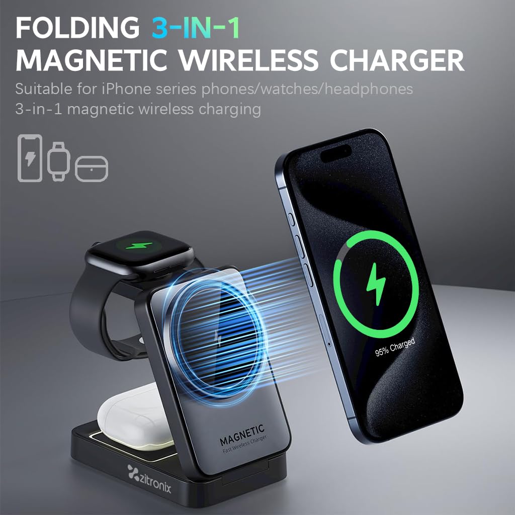 zitronix 3 in 1 Wireless Charging Station Travel Folding Wireless Charger Stand Station for iPhone, iWatch & AirPods Magnetic Mag-Safe Charger Stand 15W Magnetic Wireless Fast Charger