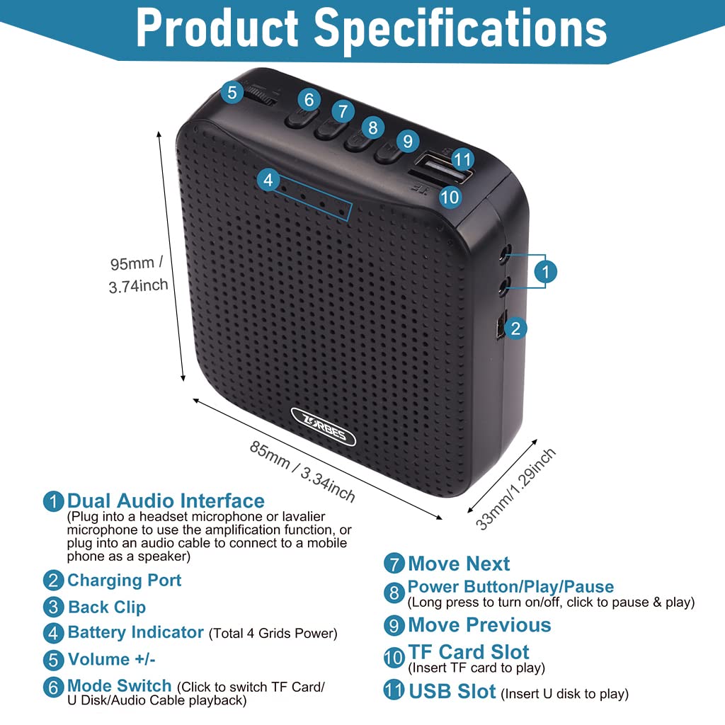 ZORBES Portable Bluetooth Voice Amplifier for Teachers 8-Hour 1800mAh Battery Wired Headset Mic with 10W Speaker