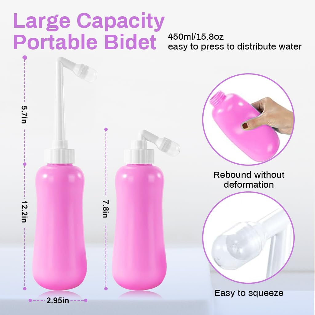 HANNEA 450ml Handheld Bidet Women Portable Bidet with Retractable Spray Nozzle Leaking Proof Bidet with Storage Bag Handheld Postpartum Cleansing Bidet Sprayer for Personal Hygiene Care, Pink