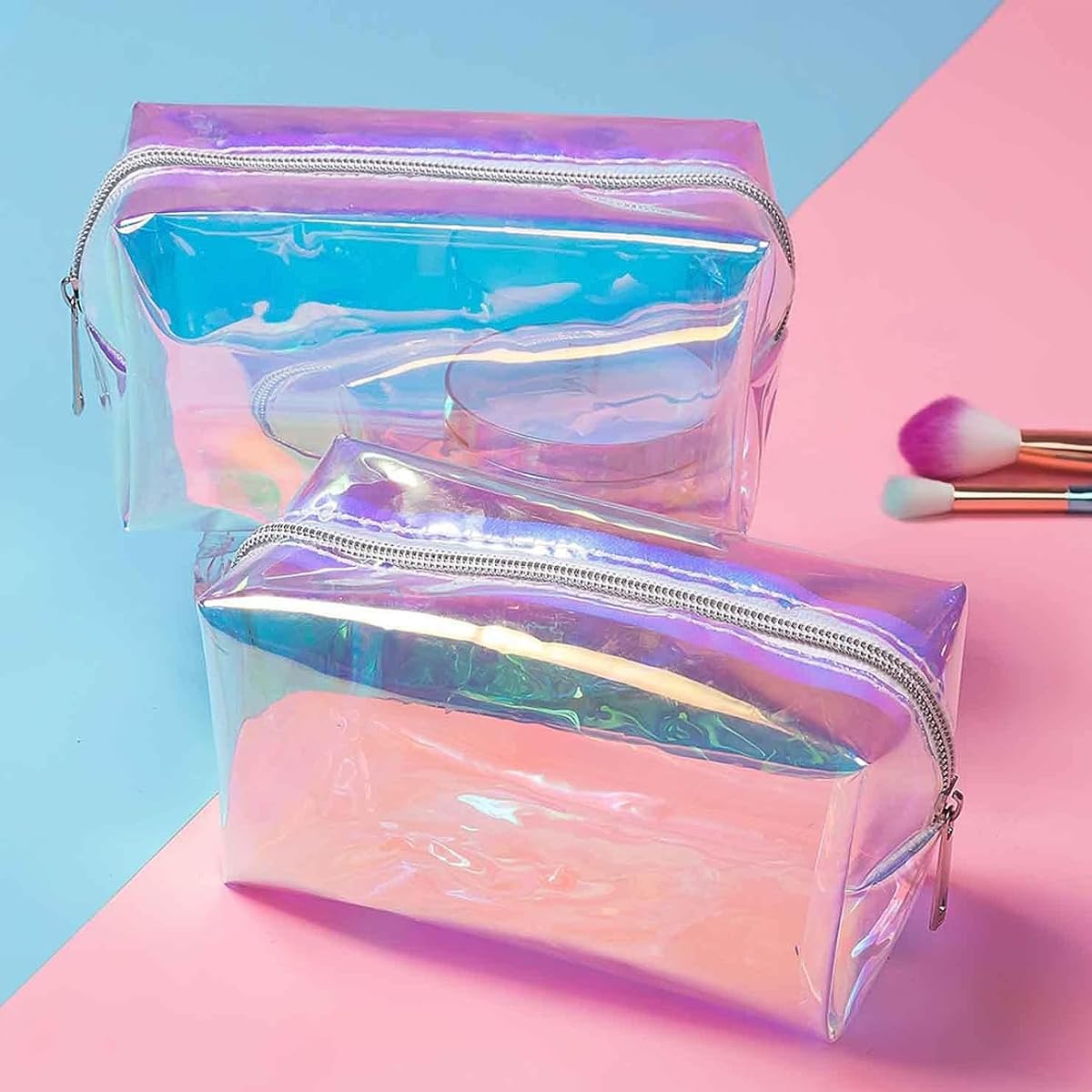 MAYCREATE Makeup Pouch Organizer TPU Holographic Cosmetic Bag, Multi-Use Semi-Transparent Cosmetic Travel Bag for Women Girls, Zipper Toiletry Bag Pencil Pouch