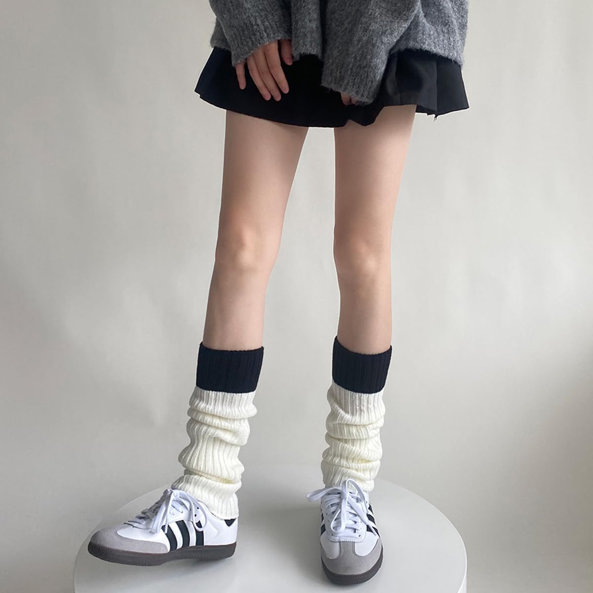 PALAY Leg Warmers for Women Girls Fashion Ribbed Knit Calf Length Stocking Two-Tone Stitching Long Boot Socks for Ballet Dance Figure Skating Yoga Party Junior