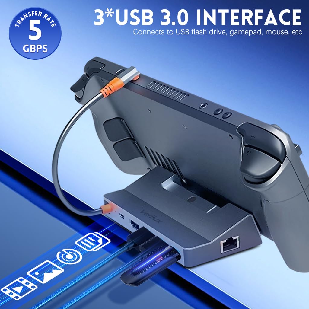 Verilux USB Hub Dock for Steam Deck 6 in 1 Steam Deck Stand USB Hub Travel USB 3.0 Hub Supports 4K@ 60Hz Video Output, 100W PD Charging, Universal USB Hub Dock for Steam Deck, ROG, Switch