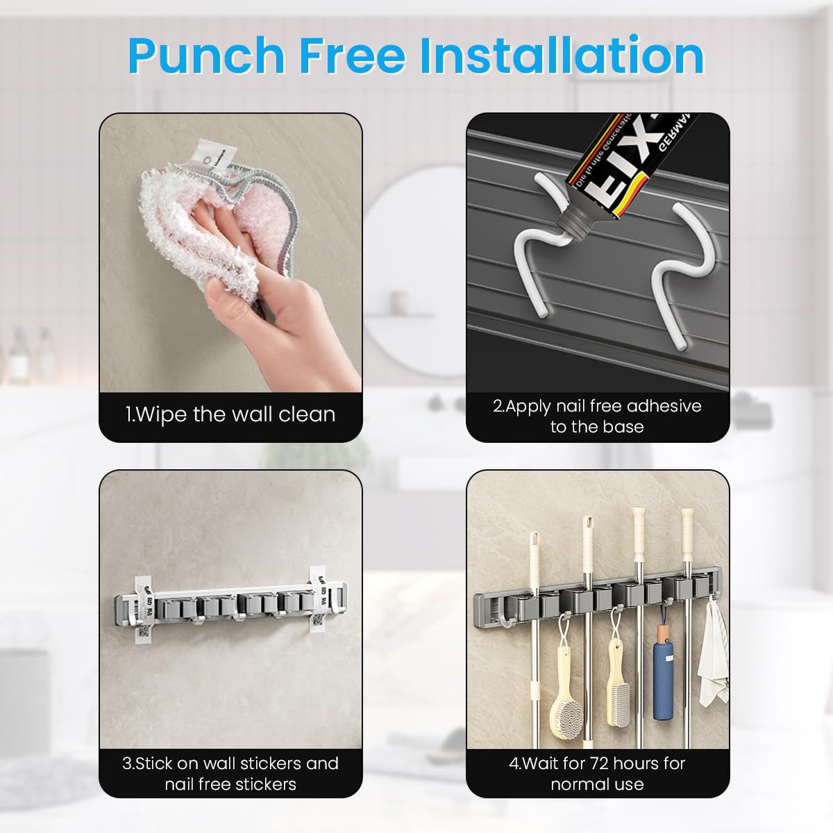 HASTHIP Wall Mounting Mop Broom Holder 4 Slots & 5 Hooks Space Aluminum Broom Organizer Nail-Free Installation Mop Holder for Home, Office, Storage Rooms, Bathroom, Cleaning Room