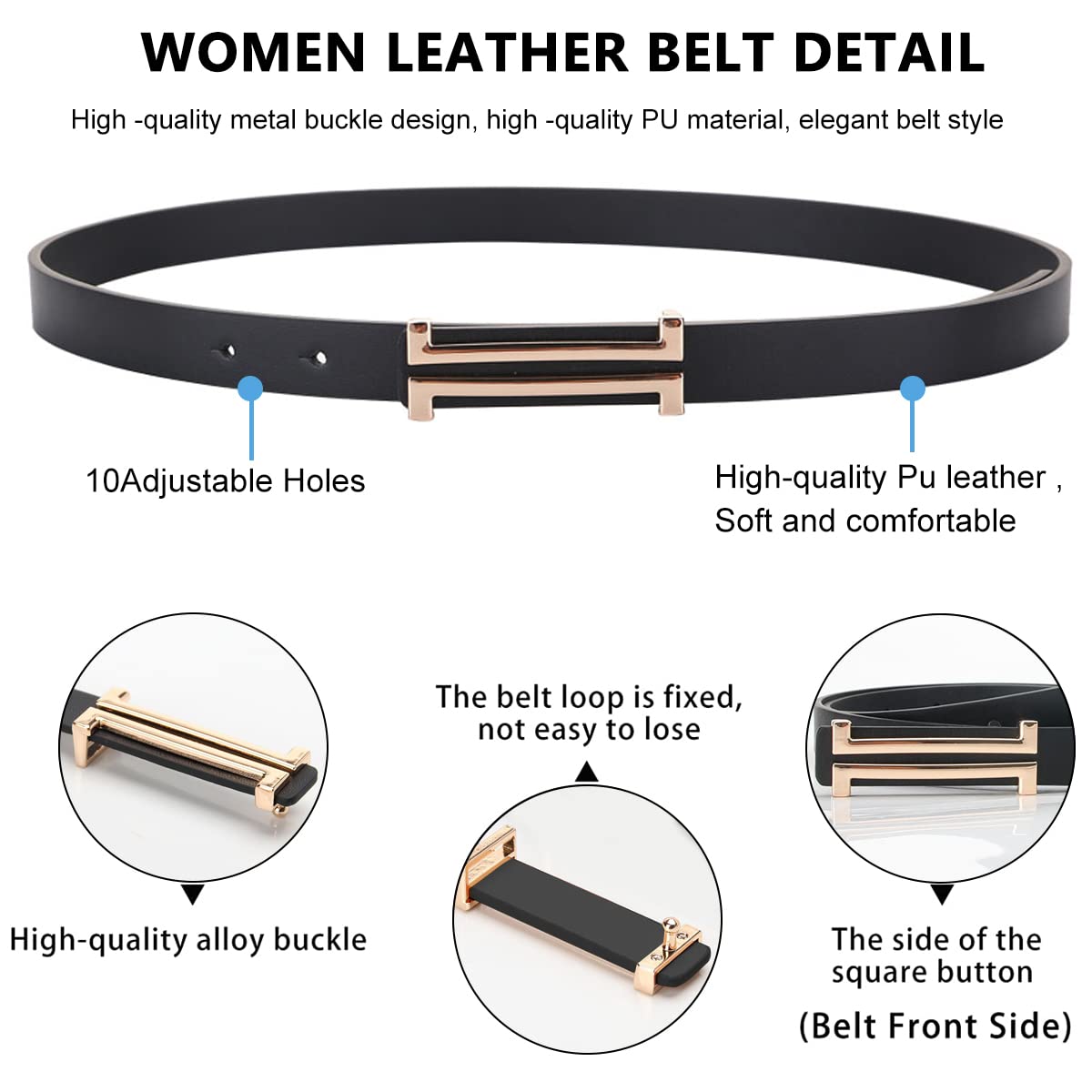 GUSTAVE Black Fashion Leather Simple Slim Belt Buckle Waist Belt for Women for Dresses,Pants,Jeans