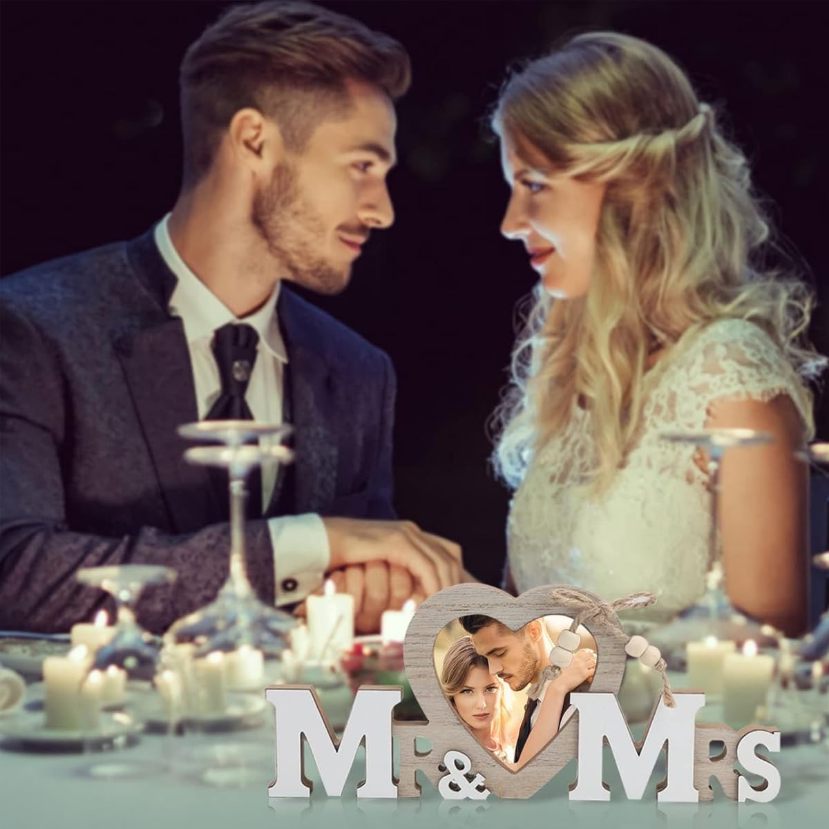 HASTHIP Mr and Mrs Photo Frame Wedding Gifts for Bride Groom Wood Love Heart Wedding Decorations Holder Romantic Tabletop Picture Newlywed Anniversary Engagement Party Decoration