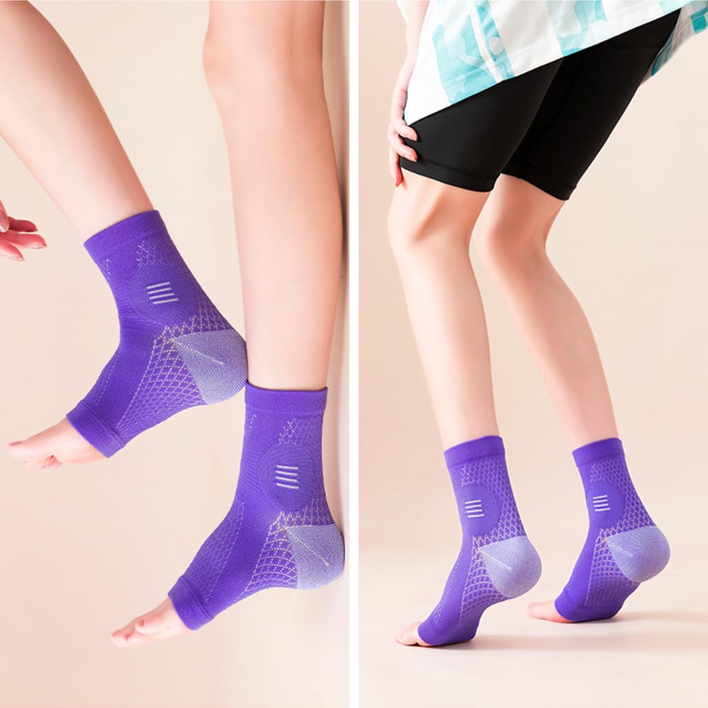 HANNEA 1Pair Ankle Compression Sleeve, Compression Socks for Plantar Fasciitis, Achilles Tendonitis Relief, Open-Toe Foot Sleeves for Men and Women for Foot Swelling, Fatigue & Sprain, L(Purple)