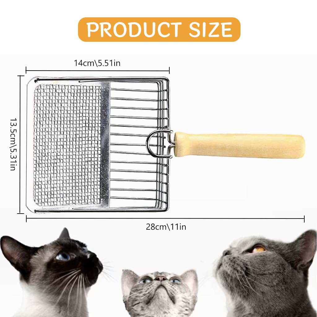 Qpets Metal Litter Scoop, Wooden Handle Fast Sifter Cat Litter Scoop, Potty Scooper 2 Kinds Of Sifter Hole For 3-10Mm Clumping Clay Cat Litter