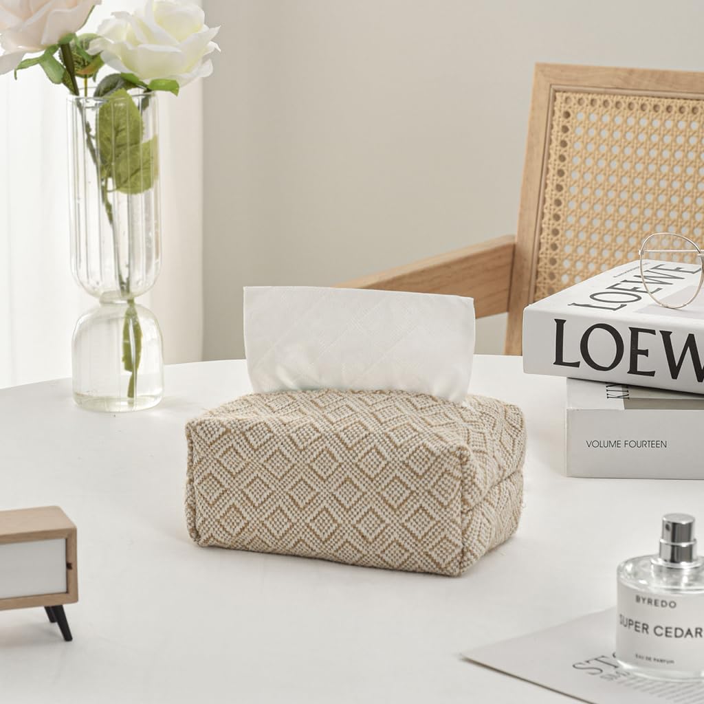 HASTHIP Tissue Paper Box Boho Cotton and Linen Fabric Tissue Paper Box Tissue Paper Dispenser Tissue Paper Holder for Desk Living Room Tissue Paper Box Car Tissue Paper Holder