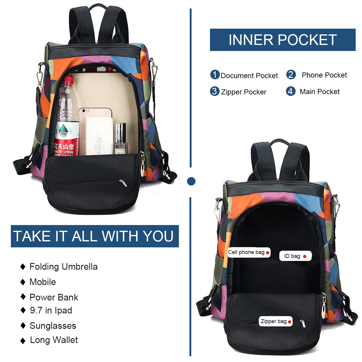 PALAY Leisure Style Backpacks for Women Travel Water-Resistant Backpack Geometric Print Shoulder Bags Oxford Cloth Backpack for Girls