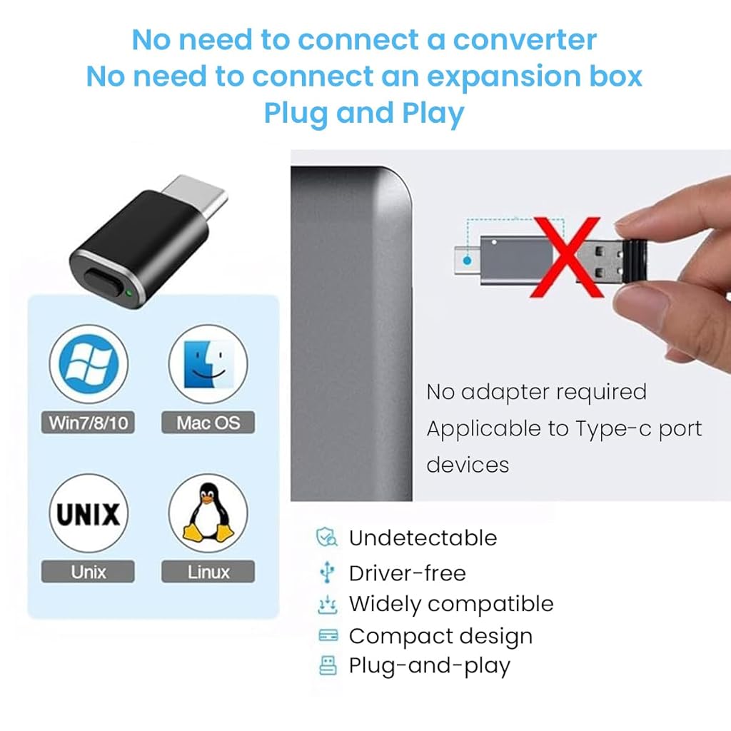 Verilux Type C Mouse Jiggler with 3 Jiggle Modes for Telecommuting Undetectable Mouse Jiggler USB C Mouse Jiggler for Laptop, Desktop, Driver-Free, Simulate Mouse Movement to Keep Screen Active