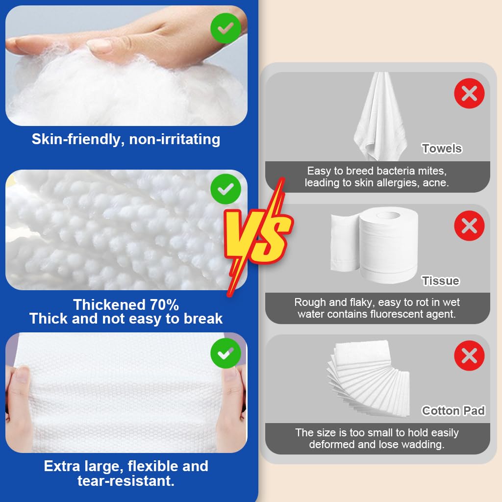 MAYCREATE Disposable Face Towel, 50 Count 100% Cotton Ultra-Soft Quick-Dry Facial Tissue, Gentle for Sensitive Dry Oily Skin, Facial Towels for Daily Cleansing Makeup Removal