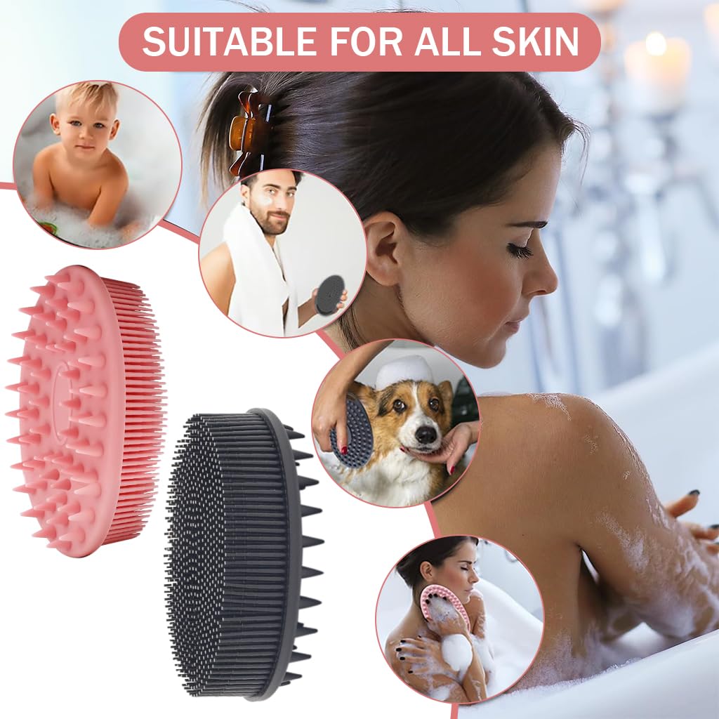 MAYCREATE 2 Pack Silicone Body Scrubber, 2 in 1 Bath and Shampoo Brush, Exfoliating Double-Sided Body Brush for Sensitive Skin, Scalp Massager Shampoo Brush, Gentle Exfoliating, Pink+Black