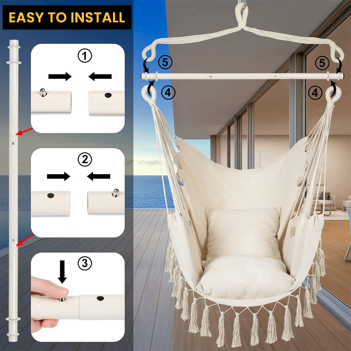 HASTHIP Swing Chair for Adults with 2 Cushions and Pocket, 360° free Rotation Large Macrame Hanging Chair for Indoor Outdoor Balcony(Max 180KG)