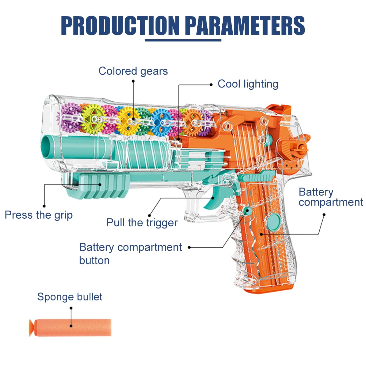 PATPAT Musical Toys for Kids,Transparent 3D Gear Simulation Mechanical Gun Toys with 5pcs Soft Ammunition,LED Flashing Lights and Sound Toys for Kids Boys Girls,Birthday Christmas Gift - Orange
